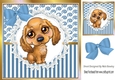 Pretty brown puppy on lace with blue stripe/swirls and bow card front 8x8