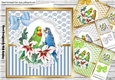 4 Pretty budgies on lace with stripe/swirls and bows card fronts 8x8 mini kit