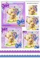 Cute teddy with purple flowers in rainbow frame with pyramids