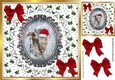 Cute Cat in santa hat walking, on a lace card front with, red bows (one) 8x8