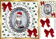 Cute tortoiseshell cat in santa hat, on a lace card front with, red bows (two) 8x8