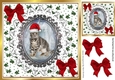 Cute cat posing in santa hat, on a lace card front with, red bows (four) 8x8