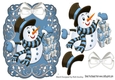 Lovely snowman with gifts on a scroll blue mat with bow