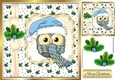 Cute owl in blue santa hat in holly frame with bow 8x8
