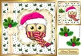 Cute owl in cerise santa hat in holly frame with bow 8x8