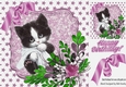 Cute kitten with blanket, and water colour lilac flowers & bow 8x8