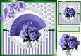 Pretty purple fan with vase of flowers in ornate card front 8x8