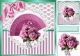 Pretty pink fan with vase of flowers in ornate card front 8x8