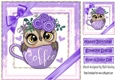 Cute owl in coffee cup with purple bows 8x8