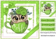 Cute owl in coffee cup with green bows 8x8