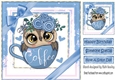 Cute owl in coffee cup with blue bows 8x8