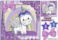 Cute unicorn with rainbow and purple bow 8x8