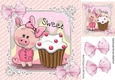 cute piggy with cupcake and organza pink bows 8x8