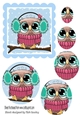 Cute owl on a branch with snow, oval pyramids