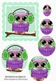 Cute owl on a branch with snow, oval pyramids (green)
