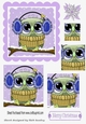 Cute owl on a branch with snow, square pyramids (purple)