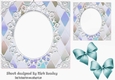 Pretty Diamond and oval lace topper, card front with turq bows 7x7