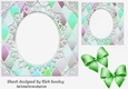 Pretty Diamond and oval lace topper, card front with green bows 7x7