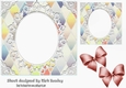 Pretty Diamond and oval lace topper, card front with peach bows 7x7