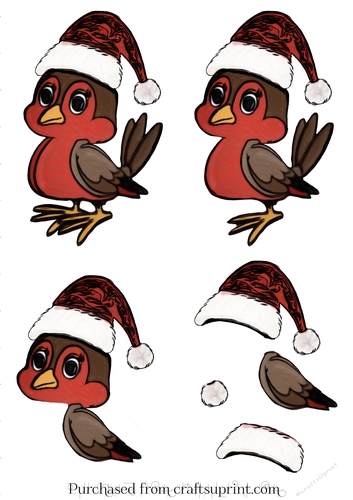 Cartoon Robin In Santa Hat Decoupage Sheet
