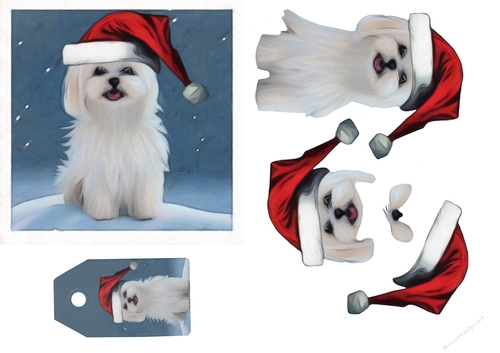 Little White Dog  Christmas Decoupage 