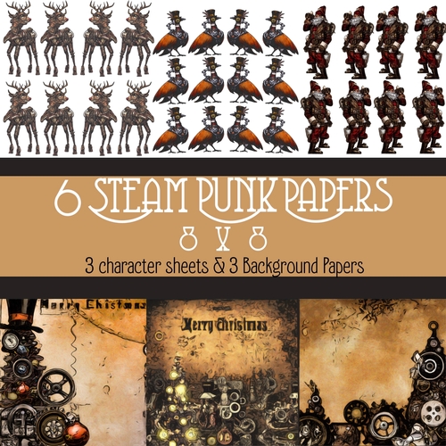 Steampunk Christmas characters and Background Paper 
