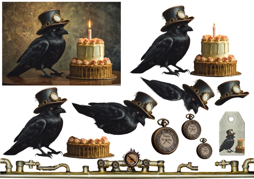 Steampunk Crow Birthday Card Sheet