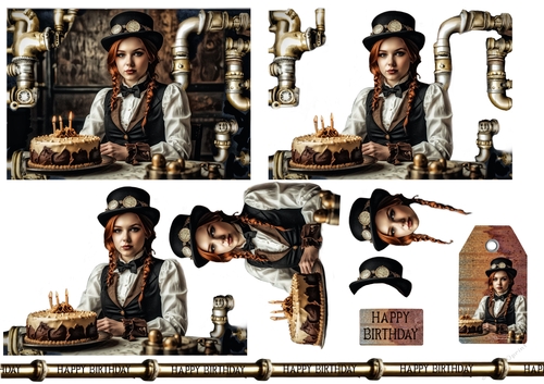 Steampunk Girl Birthday Card Sheet