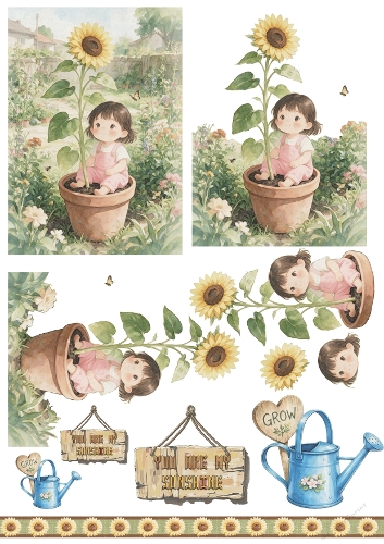 Cute Girl in Sunflower Pot 3D Decoupage Card Sheet