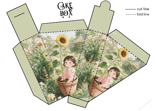 Cute Girl in Sunflower Pot Matching Cake Slice Box