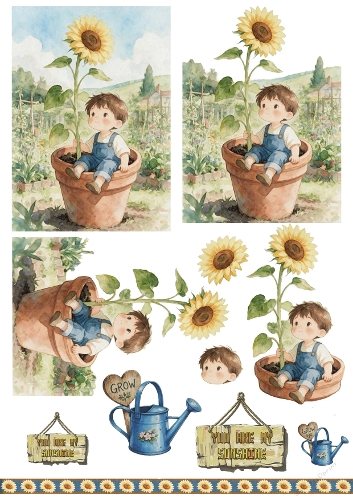 Cute Boy in Sunflower Pot 3D Decoupage Card Sheet