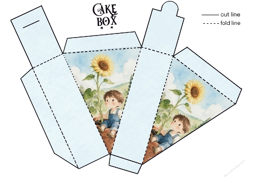 Cute Boy in Sunflower Pot Matching Cake Slice Box