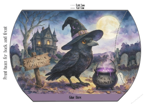 Spooky Halloween Raven — Pillow Box Template, Haunted House Design