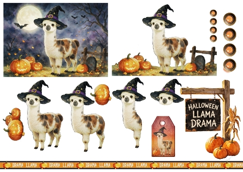 Halloween Llama Drama — Topper & Decoupage Set, Pumpkins & Witch Hat