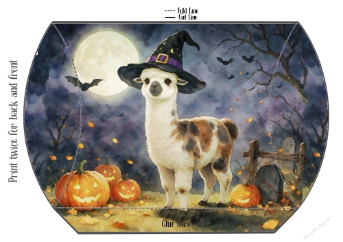 Halloween Llama — Pillow Box Template, Witch Hat & Pumpkins