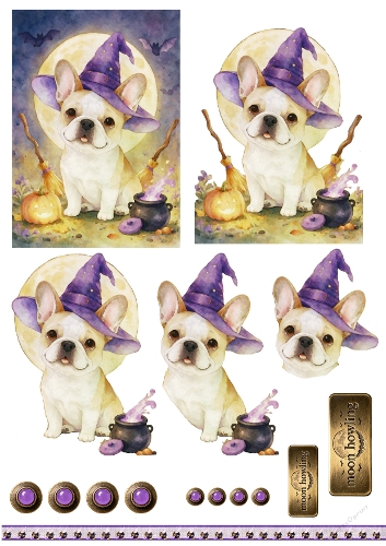 Moon Howling French Bulldog — Halloween Topper & Decoupage Set