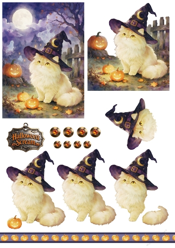 Halloween Scream Cat — Witch Hat Topper & Decoupage Set