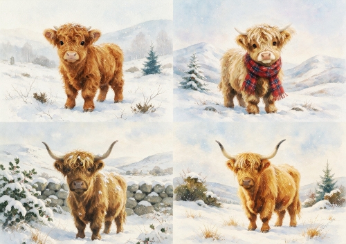 Winter Highland Cows — 4 Scene Topper Set, Snowy Scottish Landscapes