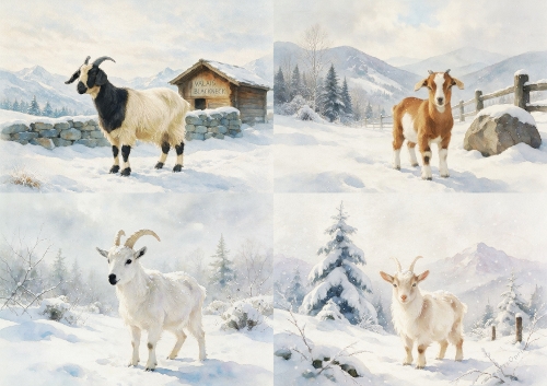 Winter Goats — 4 Scene Topper Set, Snowy Mountain Landscapes