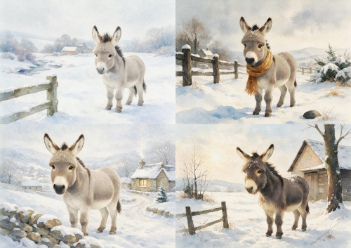 Winter Donkeys — 4 Scene Topper Set, Snowy Country Landscapes