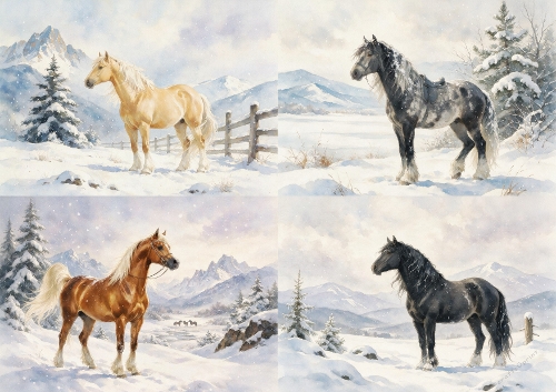 Winter Horses — 4 Scene Topper Set, Snowy Mountain Landscapes