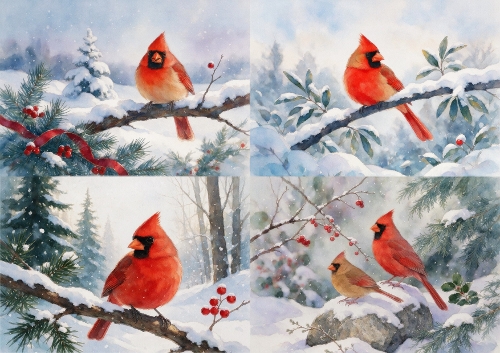 Winter Cardinals — 4 Scene Topper Set, Snowy Branches & Red Berries