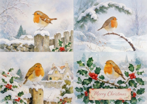 Christmas Robins — 4 Scene Topper Set, Snowy Scenes & Merry Christmas Sentiment