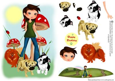 Girl with Pomeranian, Pug and Boston Terrier