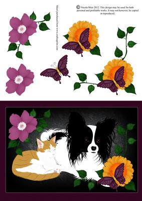 Papillon and Ginger Kitten in Floral Scene