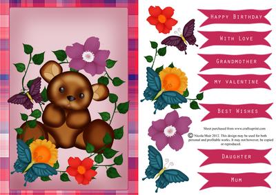 Teddy Bear in Flowers and Butterflies