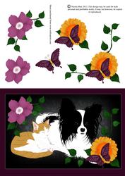 Papillon and Ginger Kitten in Floral Scene