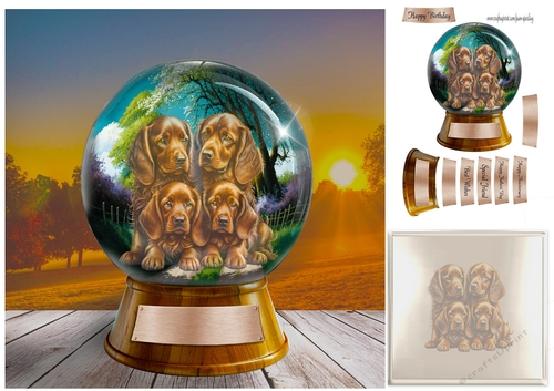 4 puppies in a globe 