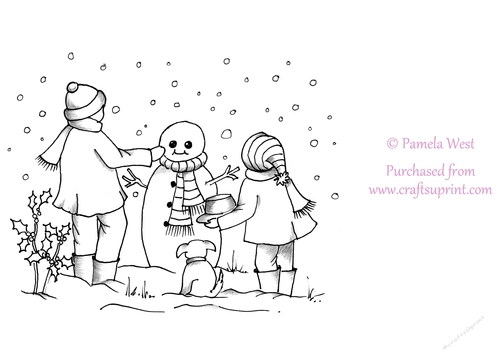 Building a Snowman Digital Stamp, colouring page. digi stamp Coloring