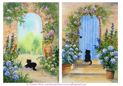 Cat and Blue Door and Cat and Garden arch  Original art for designer resources or card toppers